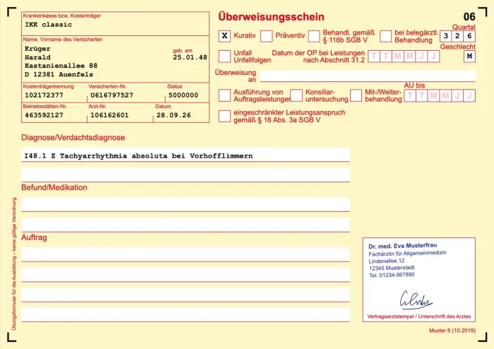 Beispiel eines Übungs-Überweisungsscheins aus PaperSIM